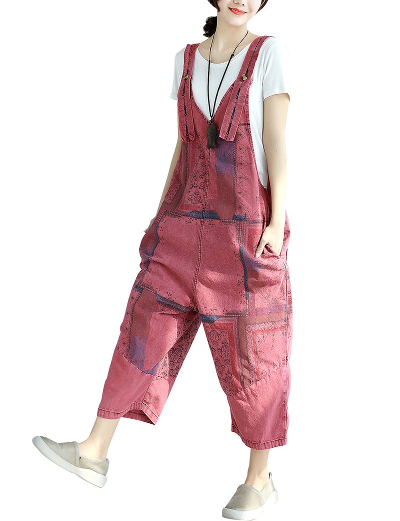 Yeokou Women's Loose Baggy Denim Wide Leg Jumpsuit Rompers Overalls Harem Pants (One Size US S-L, Style 14 Red) - Image 1